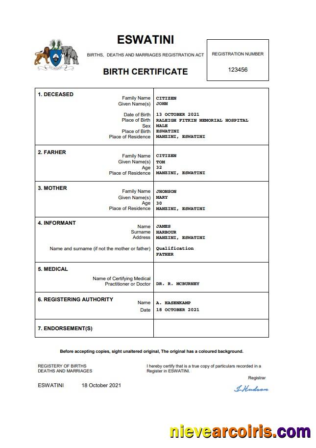 Eswatini birth certificate